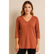 Şans Kadın Büyük Beden Gül Kurusu, Organik Koton, V Yaka Dantel Detaylı, 3/4 Kol Bluz 65N39264