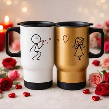Bk Gift Sevgili Çift Tasarımlı 2’li Kulplu Beyaz&gold Çelik Termos Mug 450 ml -30, Sevgiliye Hediye, Sevgililer Günü Hediyesi