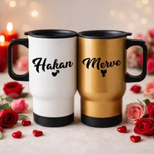 Bk Gift Kişiye Özel Sevgili Çift Tasarımlı 2’li Kulplu Beyaz&gold Çelik Termos Mug 450 ml -14, Sevgiliye Hediye, Sevgililer Günü Hediyesi