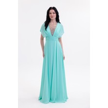 Bdm Exclusive V Yaka El Işi Taş Detaylı Şifon ve Krep Uzun Abiye Elbise