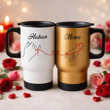 Bk Gift Kişiye Özel Sevgili Çift Tasarımlı 2’li Kulplu Beyaz&gold Çelik Termos Mug 450 ml -20, Sevgiliye Hediye, Sevgililer Günü Hediyesi