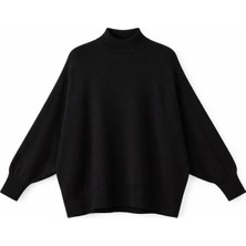 Mixray 7003 Kadın Oversize Dik Yaka Basic Triko Kazak Siyah