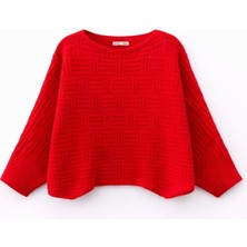 Mixray 7011 Kadın Asimetrik Dokulu Desenli Triko Kazak Kırmızı