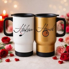Bk Gift Kişiye Özel Sevgili Çift Tasarımlı 2’li Kulplu Beyaz&gold Çelik Termos Mug 450 ml -13, Sevgiliye Hediye, Sevgililer Günü Hediyesi
