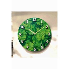 AA Shop Yeşil Yaprak Renkli Baskı Desenli Sayılı Hediyelik Ahşap Sessiz Tablo Duvar Saati 719