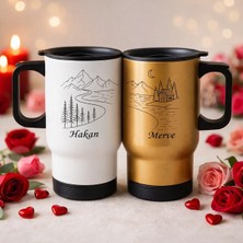 Bk Gift Kişiye Özel Sevgili Çift Tasarımlı 2’li Kulplu Beyaz&gold Çelik Termos Mug 450 ml -3, Sevgiliye Hediye, Sevgililer Günü Hediyesi