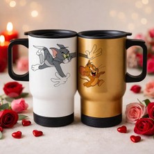 Bk Gift Sevgili Çift Tasarımlı 2’li Kulplu Beyaz&gold Çelik Termos Mug 450 ml -34, Sevgiliye Hediye, Sevgililer Günü Hediyesi