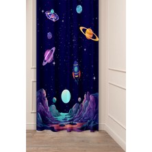 Greendecor Uzay Astronot Geni Roket Ay Özel Tasarım Desenli Dijital Baskılı (Tek Kanat) Çocuk Oda Şık Fon Perde
