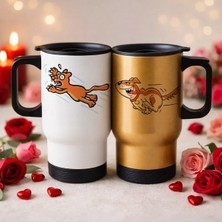 Bk Gift Sevgili Çift Tasarımlı 2’li Kulplu Beyaz&gold Çelik Termos Mug 450 ml -32, Sevgiliye Hediye, Sevgililer Günü Hediyesi