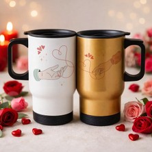 Bk Gift Kişiye Özel Sevgili Çift Tasarımlı 2’li Kulplu Beyaz&gold Çelik Termos Mug 450 ml -21, Sevgiliye Hediye, Sevgililer Günü Hediyesi