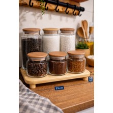 Durina Living 6'lı Standlı 1300*3 ml -  3*630ML Ahşap Vakum Kapaklı Cam Kavanoz Seti Çay-Şeker-Tuz-Türk-Filtre-Granül Kahve Etiketli 3 Kürek Kaşık Dahil