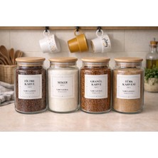 Durina Living Durina  Living 4’lü 850 ml Ahşap Kapaklı Cam Kavanoz Seti – Şeker, Granül, Türk ve Filtre Kahve Etiketli