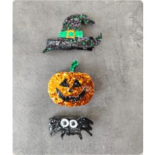 Mamas Colors Cadı Şapka, Balkabağı ve Örümcek 3'lü Klipsli Simli Saç Tokası Seti