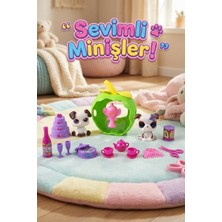 Craftivio Sevimli Minişler Oyun Seti - 2'li Büyük Gözlü Köpek Figürü, Elma Evi ve Parti Bakım Aksesuarları