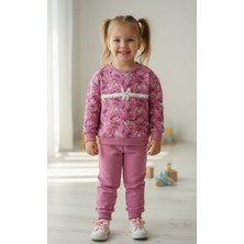 Kız Çocuk Tavşan Figürlü ve Fisto Detaylı Desenli Eşofman Takımı - Gül Kurusu