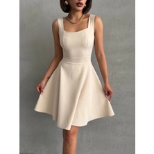 Zengezur Mall Storozal Kadın Kare Yaka Kısa Elbise S251188 Bej (Beden: M)