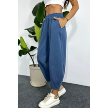 Nana & Mayka Moda Kadın Indigo Şalvar Pantolon Salaş Dört Mevsim Rahat Pamuk Lastikli Bel Günlük Model Gabardin