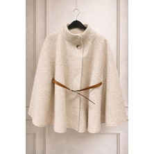 Nsade Kışlık Yaka Düğmeli Deri Kemerli Pelerin Panço