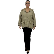 Maya Longa Büyük Beden Kapitone Düğmeli Kapüşonlu Ön Cepli Kadın Mont Türk Malı