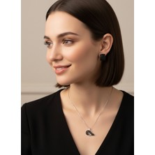 Keskin Gümüş Gümüş Tuğra Tasarım  Siyah Kolye Halka Küpe Kadın Set Sevgililer Günü Hediye