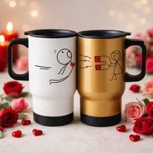 Bk Gift Sevgili Çift Tasarımlı 2’li Kulplu Beyaz&gold Çelik Termos Mug 450 ml -24, Sevgiliye Hediye, Sevgililer Günü Hediyesi