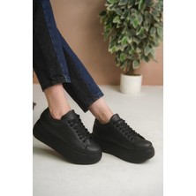 Craftique Siyah Kadın Sneaker Spor Ayakkabı Kalın Yüksek Tabanlı Bağcıklı Hafif Günlük ve Şık Kullanım