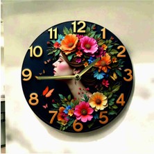 AA Shop Kadın Çiçek Renkli Baskı Desenli Ahşap Yuvarlak Sessiz Tablo Duvar Saati 726 Modern Tasarım
