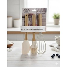 Bulut Bambu Saplı 3'lü Silikon Seti (Fırça-Spatula-Çırpıcı) Krem