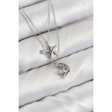 Pirinç Zirkon Taşlı Yıldız Ve Ay Model Gümüş Renk Kadın Kolye