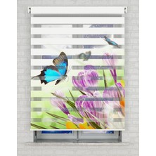 BRIGHTCOVER Turkuaz Kelebek ve Çiçekler Baskılı Zebra Perde - Gece Gündüz - Mutfak Perdesi | Kokusuz Mürekkeple Basılmış  Zebra Perdeler ile Sende Tarzını Yansıt! | 1 Dakikada Pratik Montaj