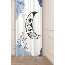 Greendecor Doğa Güneş Dağ Bulut Ay Yaprak Bohem Desenli Özel Tasarım Dijital Baskılı (Tek Kanat) Mavi Fon Perde