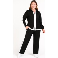 Şans Kadın Büyük Beden Siyah-Beyaz Renk Detaylı, Taş Işli Eşofman Takım 65N39255