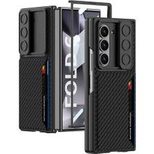 Galaxy Z Fold 6 Kılıf Kamera Korumalı Karbon Fiber Arka Yüzey Stsr Kartlıklı Kıpta Sert Kapak-Siyah