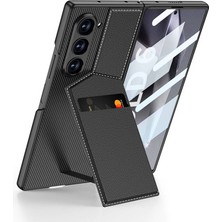 Galaxy Z Fold 6 Kılıf Karbon Fiber Deri Kartlıklı Stsr Kıpta Dik Açılan Kartlıklı Kapak-Siyah
