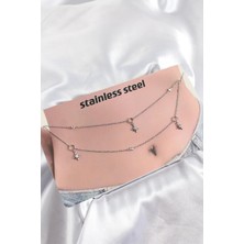 Inure Jewelry 316L Çelik Zirkon Taşlı Kutup Yıldızı Model Gümüş Renk Göbek Bel Zinciri