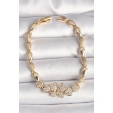 Inure Jewelry Pirinç Gold Renk Zirkon Taşlı Kelebek Figür Damla Zincir Model Kadın Bileklik