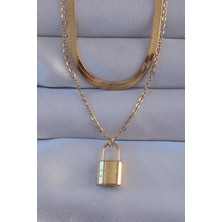 Inure Jewelry 316L Çelik Gold Renk Çift Zincir Kilit Model Kolye