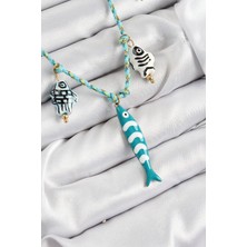 Inure Jewelry Seramik Motifli Balık Figürlü Model Mavi Ip Kadın Kolye