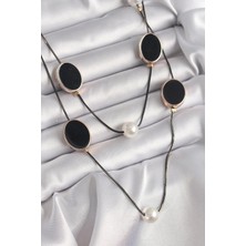 Inure Jewelry Pirinç Siyah Renk Zincir Inci Detaylı Çoklu Kadın Kolye