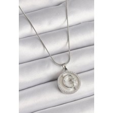 Inure Jewelry 316L Çelik Gümüş Renk Zincir Zirkon Taş Detaylı Beyaz Sedefli Ay Yıldız Işleme Kadın Kolye