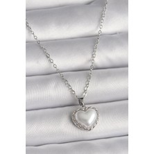 Inure Jewelry 316L Çelik Gümüş Renk Zincir 3D Inci Kalp Model Kadın Kolye