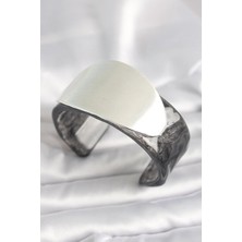 Inure Jewelry Siyah Mermer Desen Akrilik Plastik Gümüş Oval Plaka Model Vintage Kadın Bilezik