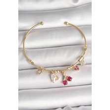 Inure Jewelry Pirinç Gold Renk Sallantı Kırmızı Zirkon Taşlı Kiraz Figür Charm Kadın Bileklik