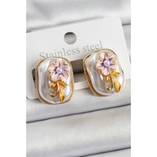 Inure Jewelry Pirinç Beyaz Mineli Inci Detaylı Çiçek Figürlü Sanatsal Portre Model Gold Renk Kadın Küpe