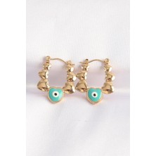 Inure Jewelry 316L Çelik Gold Renk Mavi Nazarlı Kalpli Model Küpe