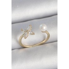 Inure Jewelry Pirinç Gold Renk Zirkon Taşlı Çiçek Model Inci Detay Ayarlanabilir Kadın Yüzük