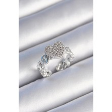 Inure Jewelry Pirinç Gümüş Renk Zincir Kordon Zirkon Taşlı Kalp Model Kadın Yüzük