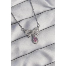 Inure Jewelry 316L Çelik Gümüş Renk Fiyonk Detay Pembe Zirkon Taşlı Damla Kolye