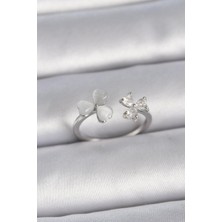 Inure Jewelry Pirinç Gümüş Renk Ayarlanabilir Zirkon Taşlı Beyaz Mineli Kalp Model Kadın Yüzük