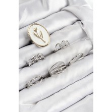 Inure Jewelry Pirinç Zirkon Taşlı Lale Model Gümüş Renk Kadın Yüzük Kombin Set